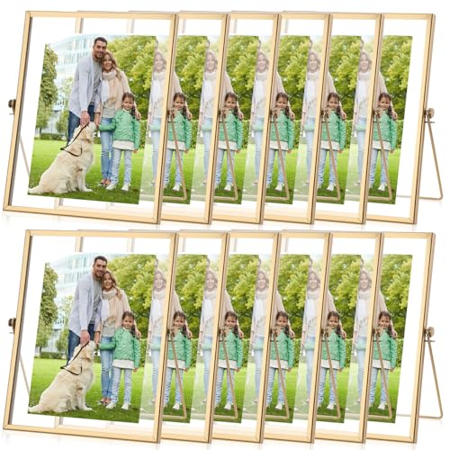 Hoteam 12 Pack 7 x 9 Inch Gold Floating Frame for Photo 5 x 7 Inch, Glass Floating Picture Frame Collection Vintage Metal Minimal Ornate Easel for Wedding Gift Pictures Photos Desk Tabletop Display - color: Gold, size: 5 x 7 Inches