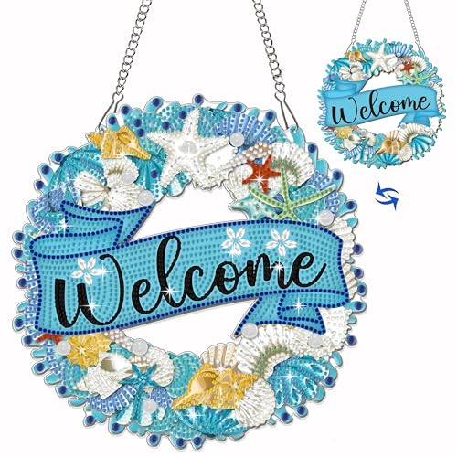 Muzagroo Art Welcome Sign Diamond Art Kits for Adults, 5D Diamond Hanging Ornament Kits for Front Door, DIY Special Shaped Diamond Dot Kits, Home Porch Crystal Hanging Pendant Ornament (Welcome) - color: Welcome