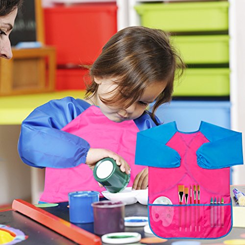 Kids Art Smocks 4 Pack Painting Apron Waterproof Artist Smock with Long Sleeve and 3 Pockets for Age 3-8 Years - color: Red+blue+ Yellow+pink