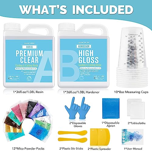 JANCHUN Epoxy Resin Kit 72oz, Bubble Free Crystal Clear Resin | Anti-Yellowing Self Leveling Easy Mix 1:1 Coating and Casting for Art Table Tops Molds Tumblers Crafts Jewelry DIY Gifts - size: 72 fl oz