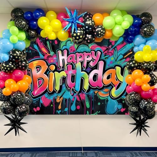 INRUI Colorful Graffiti Happy Birthday Photography Backdrop 8x6FT | Vibrant Drip Graffiti Birthday Art, Lightweight Vinyl, Retro/Hip-hop/Birthday Party Photo Backdrop, Easy Hang & Wipe Clean - size: 8x6FT