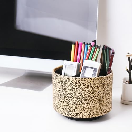 Round Leather Art Supply Organizer,Remote Control Holder,360 Degree Spinning,Multi-Functional Pencil Holder,4 Compartments Desktop Stationary Organizer(1-Yellow Black) - color: 1-Yellow Black