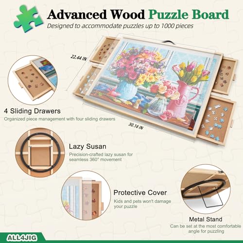 ALL4JIG 1000 Pieces 2-in-1 Tilting & Rotating Puzzle Board, 30.16" x 22.44"Adjustable Angle Puzzle Table with 4 Drawers & Clear Protective Cover, Birthday Gift for mom - size: Small-1000pcs