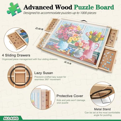 ALL4JIG 1000 Pieces 2-in-1 Tilting & Rotating Puzzle Board, 30.16" x 22.44"Adjustable Angle Puzzle Table with 4 Drawers & Clear Protective Cover, Birthday Gift for mom - size: Small-1000pcs