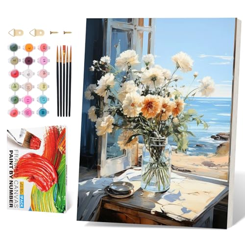 PRASIO Framed Paint by Numbers Kit for Adults Beginner, Flowers Adult Paint by Number Kits on Canvas Framed, DIY Acrylic Watercolor Oil Paint by Numbers with Frame for Gift Home Decor 16x20 Inch - color: XM-OP-F-WindowWhiteFlower-4050