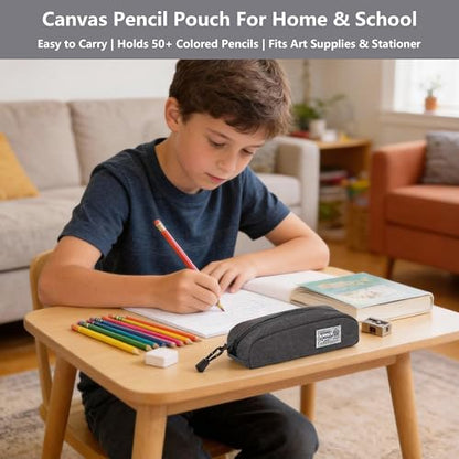 Rough Enough Small Canvas Pencil Case, Stationery Bag for Students | Black, 8"x3"x2.5", YKK Zipper, Detachable Keychain, Name Tag, for School & Office Stationery Use