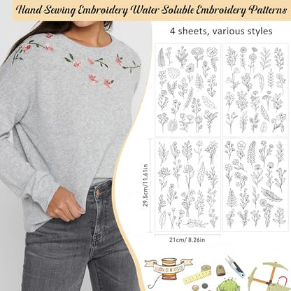 Water Soluble Stabilizer Embroidery Pattern - Leaf Stick & Stitch Embroidery Paper Wash Away, Flower Hand Sewing Patterns for T-Shirt Bag Towel (4 Sheets) - style: Leaf140