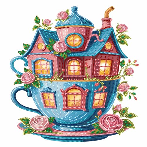 Special Shaped Partial Drill Diamond Painting Kit, 13.8×15.8 Inch Teacup Castle with Pink Roses Irregular Crystal Rhinestone Diamond Art, DIY Handmade Canvas Wall Decor Craft Gift for Adults (ZFM222) - color: ZFM222