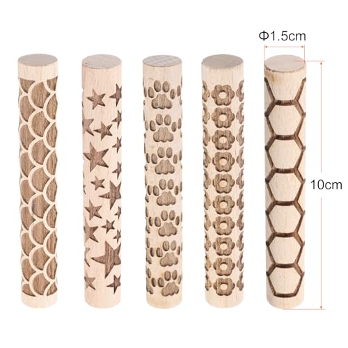 HARFINGTON 5pcs Wood Clay Roller 4"Flower Paw Print Hexagon Star Fan Pattern Rolling Pins Pottery Tools Wood Grain Texture Rollers for Clay Baking Dough Playdough DIY - style: Curves + Flowers + Paw Prints + Hexagons + Stars