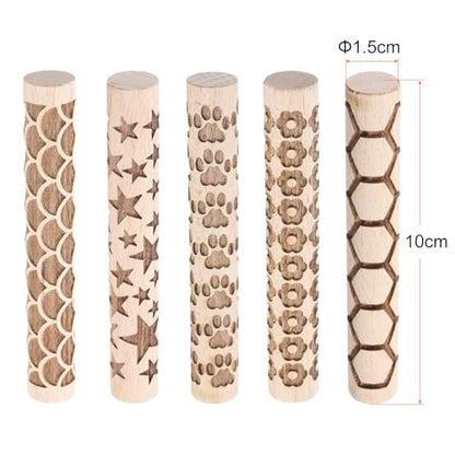HARFINGTON 5pcs Wood Clay Roller 4"Flower Paw Print Hexagon Star Fan Pattern Rolling Pins Pottery Tools Wood Grain Texture Rollers for Clay Baking Dough Playdough DIY - style: Curves + Flowers + Paw Prints + Hexagons + Stars
