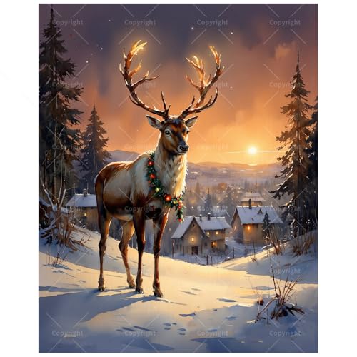 Christmas Reindeer Paint by Numbers Kit for Adults - DIY Winter Deer with Garland Painting on Canvas 16x20In, Acrylic Paint Set, Suitable for Beginners, Art for Home Decoration or Gifts - color: HSX02619, size: 16X20IN Folded