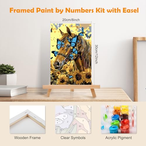 MOGTAA Horse Paint by Numbers Kit for Adults Beginners with Frame, Flowers Adult Paint by Number Kits on Canvas with Easel, Easy DIY Butterfly Oil Painting Kits for Home Decor, 8x12in - color: Horse