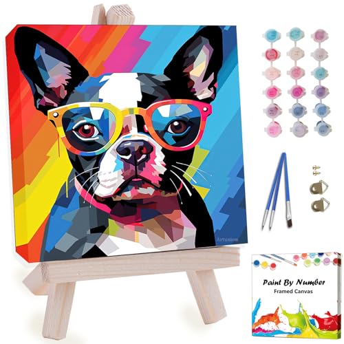 Artunion Framed Paint by Numbers Kit for Adults Beginners & Kids Ages 8-12,Boston Terrier Dog Paint by Number with Frame,Dog Animal Paint by Numbers Kit on Canvas 10 * 10 Inch Without Easel - color: ZXT-377-F
