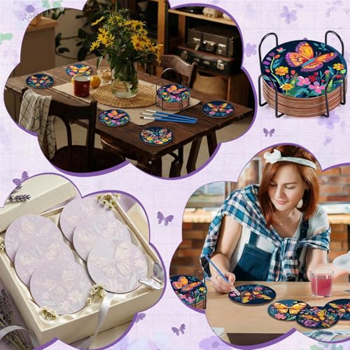 Reallnaive 8 Pcs Butterfly Flower Paint by Numbers Kit Coaster for Adults - style: Butterfly Flowers