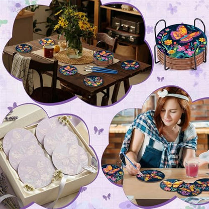 Reallnaive 8 Pcs Butterfly Flower Paint by Numbers Kit Coaster for Adults - style: Butterfly Flowers