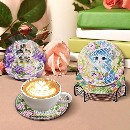 Mrnsiet 8PCS Cat Diamond Art Coaster Kits for Adults, DIY Cat Diamond Painting Coaster with Holder, Non Slip Hardwood Bases Coaster Set Gift for Beginners 4x4 Inch - color: Bdwy475-us