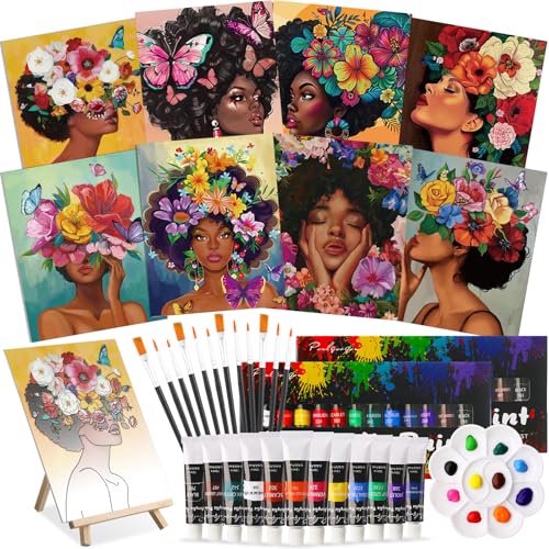 Cholemy 36 Pcs Paint and Sip Kit Gift for Adults 8''x10'',Flower Lady | Pre Drawn Canvas, Painting DIY Afro Acrylic Painting Kit, Wood Easel Brushes, Date Night Bulk, Summer Halloween Party - style: Flower Lady