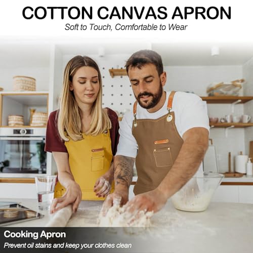 Genixart Chef Apron Men Women, Kitchen Aprons Cooking, BBQ - Yellow | Box Packed, Cotton Canvas, Cafe, Bar, Workshop, Restaurant, Water & Oil Stain Resistant, Cross Back Adjustable, Large Pockets - color: Yellow