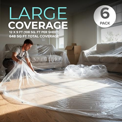 12 x 9 Ft Drop Cloths (18-Pack) – Plastic Sheeting & Painters Plastic Tarps for Painting, Waterproof Floor & Furniture Protection - size: 18 Pack