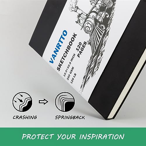 Vanrtto Hardcover Sketch Book, Square Mixed Media Sketchbook 10x10 Inch | Hardcover Square Sketch Book 120LB/200GSM Drawing Paper, 120 Pages/60 Sheets Sketch Pad for Adults, Mixed Media Sketchbook - size: 10x10 INCH