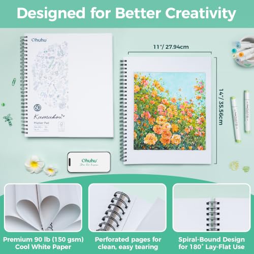 Ohuhu 11"x14" Double-Sided Bleedproof Marker Pad Art Sketchbook 60 Sheets | Large Sketch Book - 90 LB/150 GSM Smooth Drawing Paper - 60 Sheets/120 Pages - Spiral-Bound Sketch Pad for Alcohol Markers - size: 11" x 14"