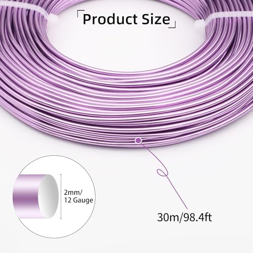 12 Gauge Aluminum Wire 100FT, 2mm Bendable Metal Anodized Aluminum Wire for Sculpting Jewelry Making Crafts Wreath Beading Floral(Pink Purple) - color: Pink Purple
