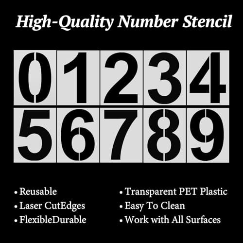 4 Inch Number Stencils, Plastic Number Stencil 0-9 Reusable House Numbers Stencil Curb Stencil Kit for Painting on Road, Wall, Wood, Mailbox, Cakes, Trucks(10 pcs)