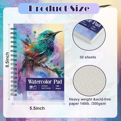 Jetec 12 Pcs 5.5 x 8.5 Inch Watercolor Paper Pad 140lb 300gsm Watercolor Pad Art Supply Acid Free Paper 30 Sheets Each Spiral Bound for Paint Pencil Ink Charcoal Pastel Acrylic Wet Dry Media Artist