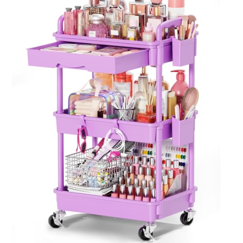 Goovilla Rolling Makeup Organizer Cart with Removable Drawer, 3 Tier Purple | Stable Floor Skincare Storage Cart for Vanity, Cosmetic Display, Nail Polish, Perfume, Hair Stuff, Beauty, Bathroom(Plastic) - color: Purple, size: 3 Tier