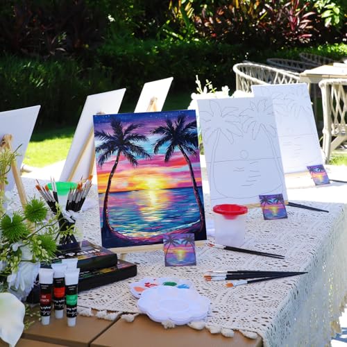 Cholemy 8 Set Paint and Sip Kit for Adults 8'' x 10'' Pre Drawn Canvas with Wooden Easels Acrylic Paint Brushes Wash Cup Palette Apron for Painting DIY Date Night Party Supplies(Sunset) - style: Sunset