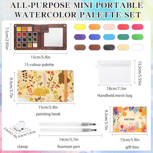 Mini Watercolor Paint Set - 15 Color Travel Watercolor Kit, Pocket Watercolor Paint Palette Set with Watercolor Book, Binder Clips, Pens, Storage Bag, Wooden Paint Box for Painters Artists Student - color: Rabbit