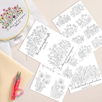 Water Soluble Stabilizer Embroidery Pattern - Bible Flower Stick & Stitch Embroidery Paper Wash Away, Wildflower Hand Sewing Patterns for T-Shirt Bag Towel (4 Sheets) - style: Flower974