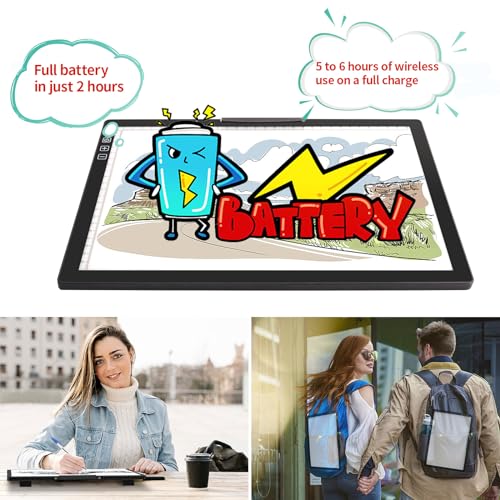 Rechargeable A4 Light Pad - Stepless Dimmable 6 Levels Brightness Tracing Light Box, Diamond Painting Light Board with Top Clip, Battery Powered Portable Light Pad for Weeding Vinyl Tracing - style: A4 Rechargeable(Black)