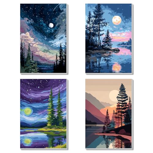 4 Pack Framed Paint By Numbers Kit for Adults Beginner Starry Night Adult Paint By Number Kits on Canvas Landscape Painting By Numbers for Adults with Frame Diy Painting Kits for Home Wall Art 8x12 In - color: NZT0912, size: 8x12 Inch