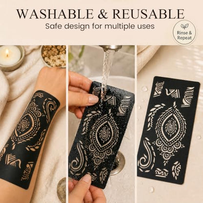 Koogel 18 Sheets 97PCS Henna Tattoo Stencil Kit, Reusable Mehndi Templates | for Bridal Mehndi & Music Festivals — Indian Wedding, Bachelorette Party, Summer Body Art, Women Girls Kids - color: Black1