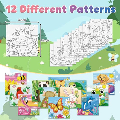 Anseal 12 Packs Pre Drawn Canvas to Paint, 4" X 4" Animal Pre-Printed Canvas Paint Party, Stretched Outline Painting Boards for Beginners, Party Favor - style: Animal