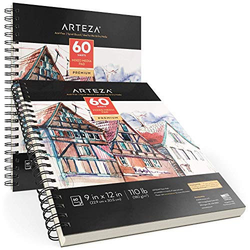 ARTEZA Mixed Media Sketchbook, 9x12 Inches – 2-Pack, 60 Spiral-Bound Sheets, 110 lb Acid-Free Paper for Wet & Dry Media: Acrylic, Ink, Pencil & More - size: 9"x12" (Pack of 2)