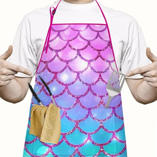 Apron with 2 Pockets,Kitchen Chef Artist Aprons for Cooking Gardening Baking Painting, Waterproof Apron 33" x 27" - color: Mermaid