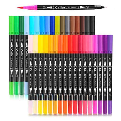 Caliart 34 Double Tip Brush Pens Art Markers for Adult Coloring Books | Artist Fine & Brush Coloring Markers for Journaling Calligraphy Lettering Planners Drawing Teacher Office Art Supplies - color: Black, size: 1 Count (Pack of 34)