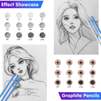 12 Graphite Pencils Professional Sketching Drawing Set,No Duplicates - color: Black