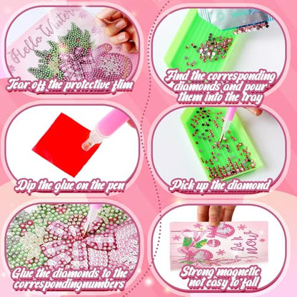 Saillong 12 Pack Pink Winter Diamond Painting Greeting Card Kits Winter Diamond Art Cards with Envelopes Snowman 5D Rhinestones Painting Making Kits for Adults DIY Craft Family Friend Holiday Gifts - color: Pink Winter