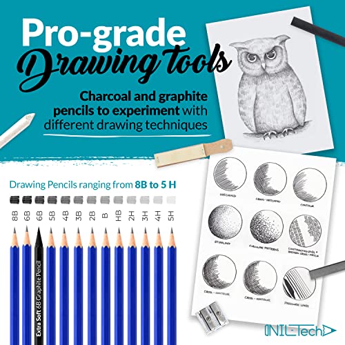 NIL - TECH 37-Pc Professional Drawing Set & Sketching Kit for Adults – Complete Art Supplies with Travel Case, Sketch Pad & Tutorials – Ideal Gift for Sketching - color: Graphite Grey