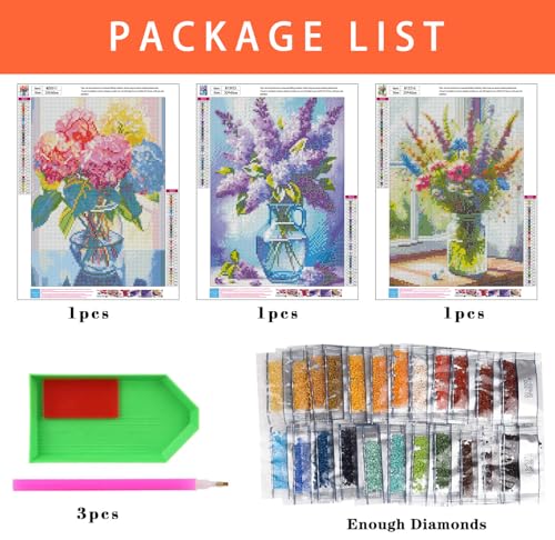 Axquilon 3 Pack Flowers Diamond Art Kits for Adults 12x16inch | Diamond Painting Kits for Adults, 5D Round Full Drill Vase Gem Art Paint by Diamonds Pictures DIY Crafts Kits - color: 3 Pack Vase