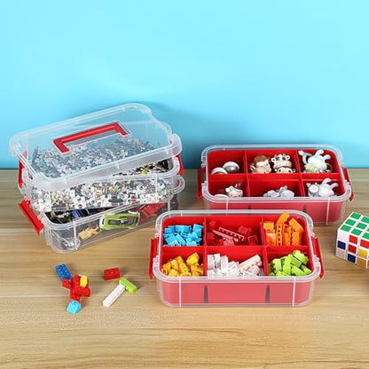 JUXYES 4-Tiers Plastic Stack Carry Storage Containers Box wih Handle Lids - color: Red