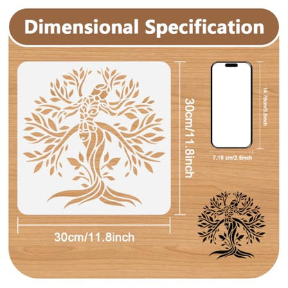 11.8"x11.8" Tree of Life Wall Stencil Templates, Mandala Woman Tree Reusable Plastic Stencils for Painting on Wood Floor Tile Fabric Glass Furniture DIY Home Decor Template | 11.8" x 11.8" Plastic Craft Stencil, Tree of Life Wall Stencil, DIY Home Decor T