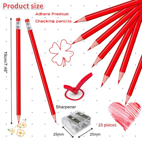 Adhere 25pcs Checking Pencils Erasable colored Pencils Pre-Sharpened #2 HB,for Checking Tests Grading,Map Coloring, editing Office Favors,including a Free sharpener. (Red) - color: Red