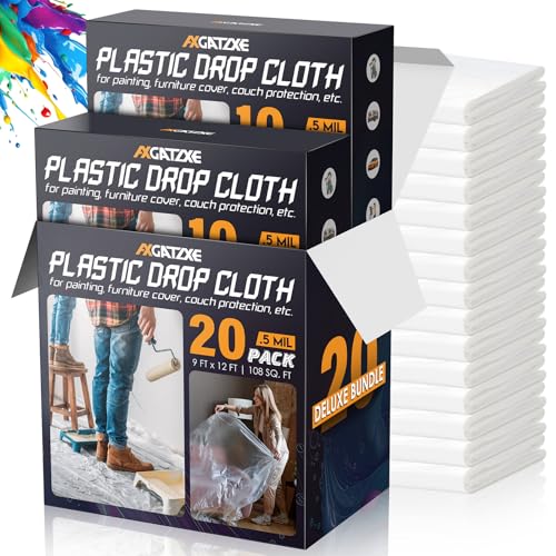 Axgatoxe 12 x 9 Ft Plastic Drop Cloths for Painting (20-Pack) | Plastic Painter's Sheeting & Tarps for Painting Supplies, Waterproof & Dust-proof Furniture/Couch/Floor Protection Cover - size: 20-Pack