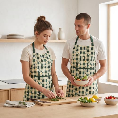 FINGERCRAFT Apron, Dual Pocket, Adjustable Tie, Multipurpose Washable Bib Apron for Home, Kitchen, Chef and Professionals - color: Green Daisy Gingham
