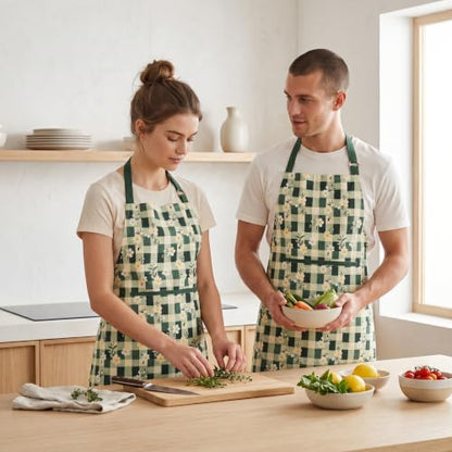 FINGERCRAFT Apron, Dual Pocket, Adjustable Tie, Multipurpose Washable Bib Apron for Home, Kitchen, Chef and Professionals - color: Green Daisy Gingham