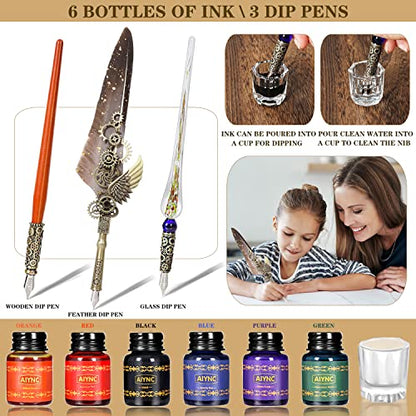 Quill Pen Ink Set, With Quill Pen, Wooden Dip Pen, Glass Dip Pen, 6 Bottles Ink, 16 Letter Paper, 2 Envelopes, 17 Nibs, Pen Holder,2 Bottles Fire Lacquer Wax, Stamp, Spoon, White Wax, Cup(Grey) - color: Grey
